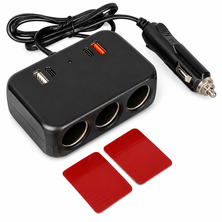 تبدیل فندکی خودرو 120 وات مدل 3 سوکت | شارژر فندکی 3 خروجی با USB و Type-C