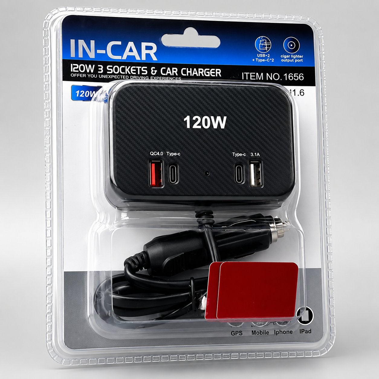 تبدیل فندکی خودرو 120 وات مدل 3 سوکت | شارژر فندکی 3 خروجی با USB و Type-C